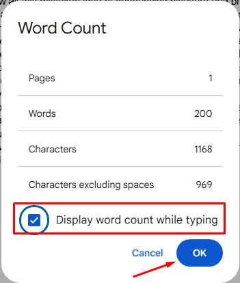how to display live word count in google doc