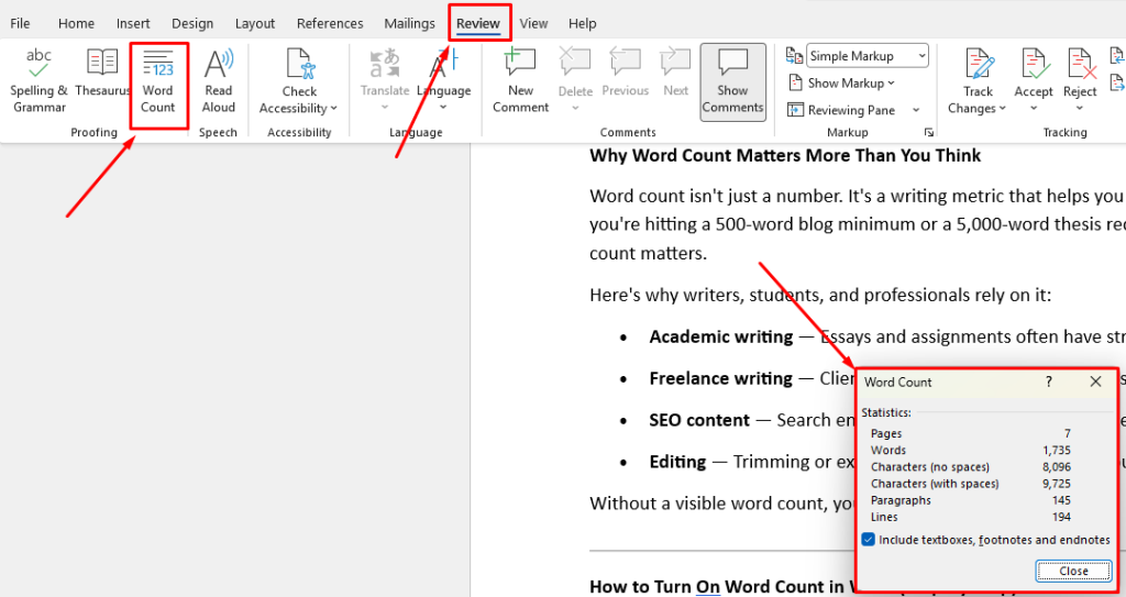 How to Turn On Word Count in Word (Method 1)