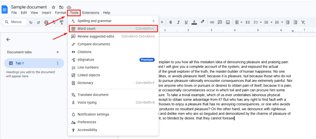 How to Turn On Word Count in Google Docs using tools menu